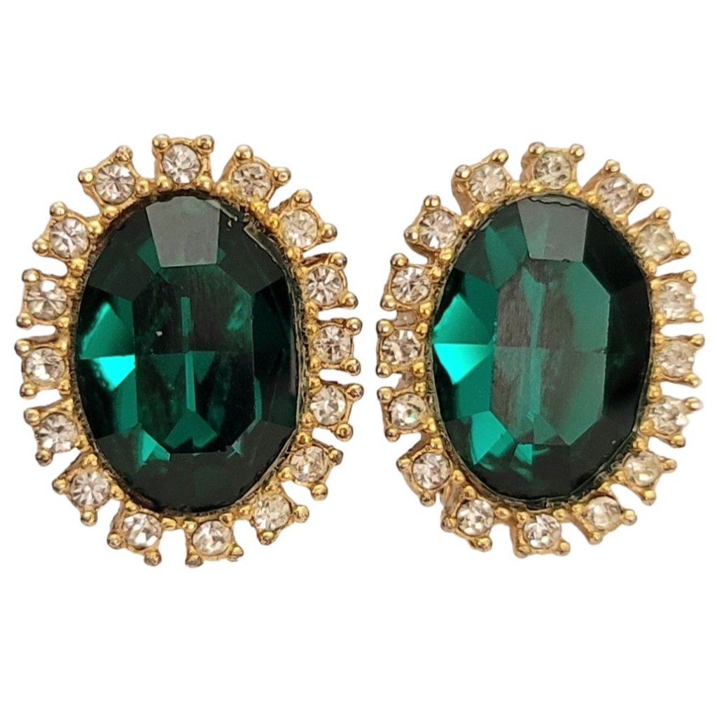 Tara Gold Tone Clear Green Rhinestone Oval Clip On Earrings, Signed E200
